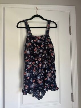 LOFT Navy Floral Romper with Red and White Accents